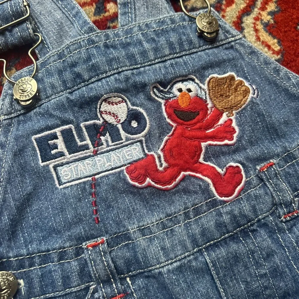 Vtg Elmo Cookie Monster Sesame Street Denim Overalls Sz 6-9 Months Embroidered